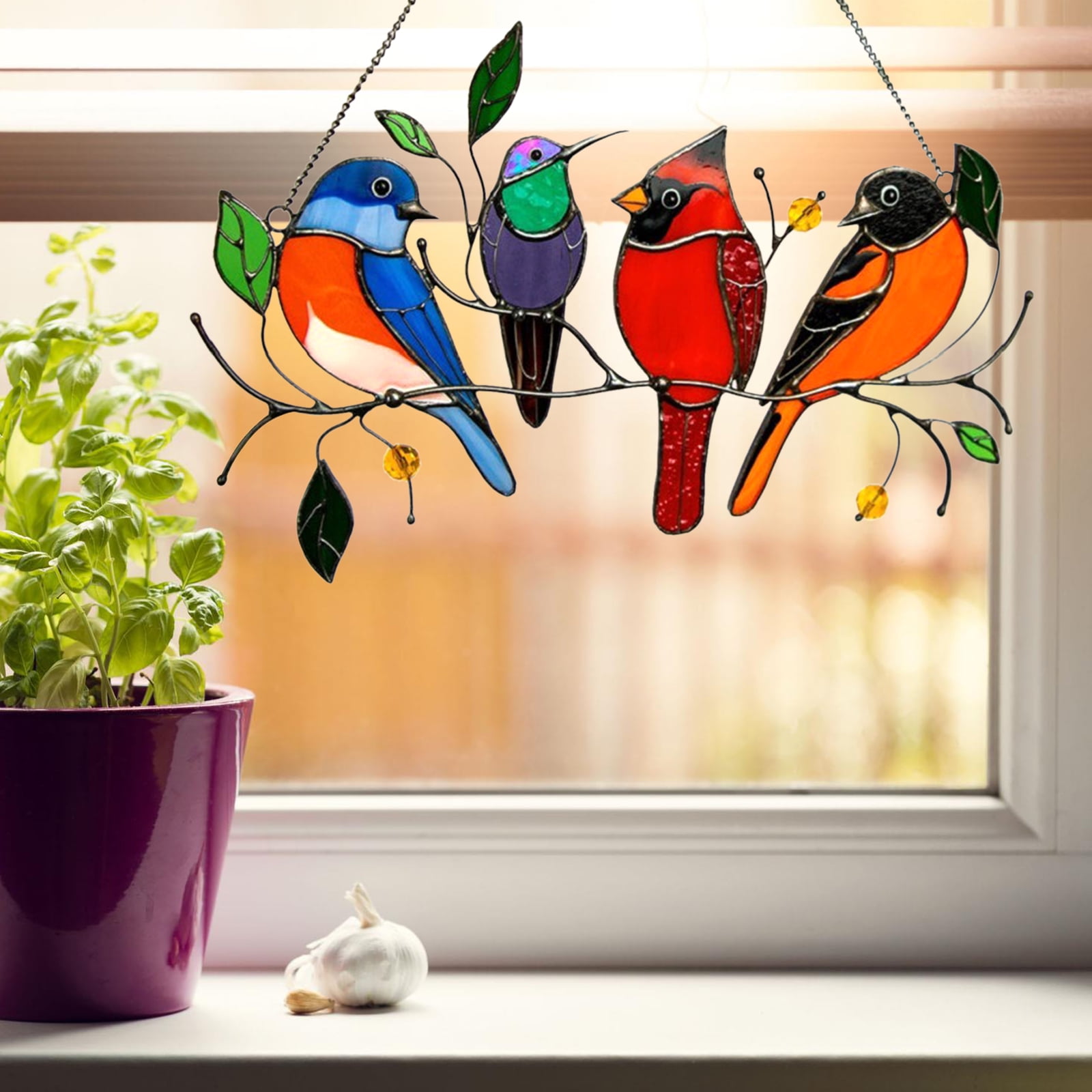 WINDOW DECORATION STAINED GLASS COLOURFUL LOVE BIRDS HANGING SUN CATCHER HOME 